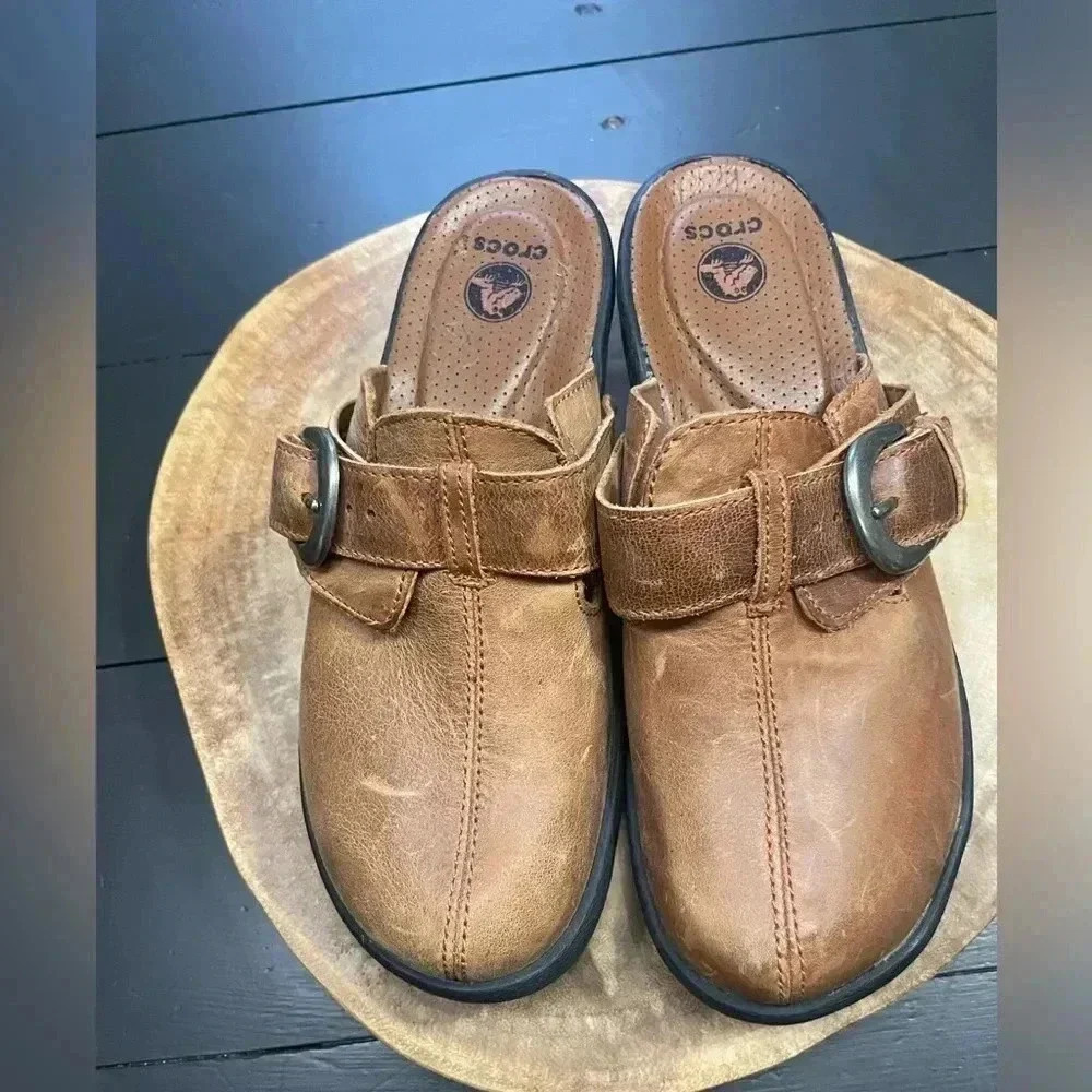 Crocs Brown Leather Platform Slip On Mules Size 7